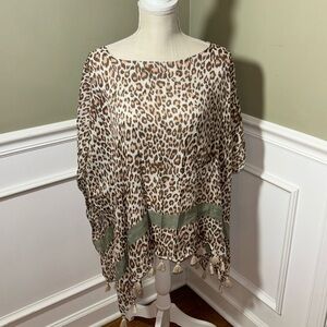 Demarco linen blend poncho cream and brown cheetah print with sage green/ tassel